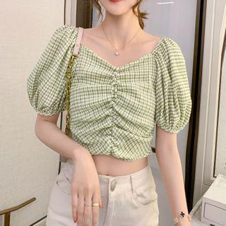 Plaid Ruched Puff-sleeve Blouse