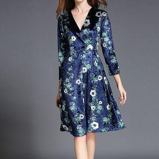Floral Print 3/4-sleeve A-line Velvet Dress