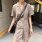 Short-sleeve Double Breasted Plaid A-line Mini Dress Gray & Yellow - One Size