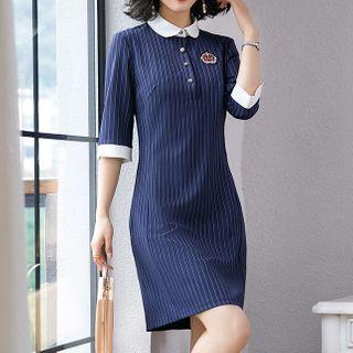 3/4-sleeve Collar Striped Mini A-line Dress