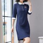 3/4-sleeve Collar Striped Mini A-line Dress