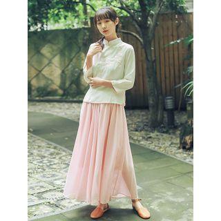 Set: Flower Embroidered Frog-button Long-sleeve Top + Maxi A-line Skirt