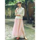 Set: Flower Embroidered Frog-button Long-sleeve Top + Maxi A-line Skirt