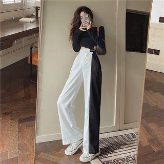 Asymmetrical Long-sleeve Cropped T-shirt / Paneled Wide Leg Pants