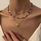 Set Of 3: Alloy Star And Heart Chain + Beads Layered Pendant Necklace Gold - One Size