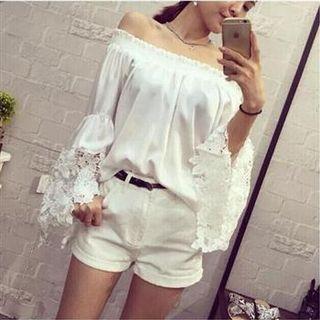Crochet Panel Sleeve Off-shoulder Top As Shown In Figure - One Size