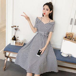Color-block Plaid Off-shoulder Short-sleeve Dress