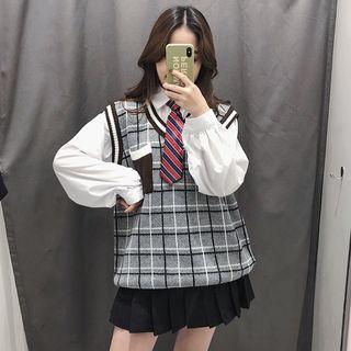 Plaid Knit Vest / Long-sleeve Shirt / Tie / Mini Pleated Skirt / Set