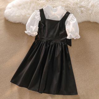 Bow A-line Overall Dress / Puff-sleeve Blouse