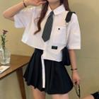 Short Sleeve Shirt With Tie / Pleated Skirt