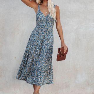 Sleeveless V-neck Floral Print Tie-back Maxi Dress
