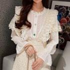 Long-sleeve Faux Pearl Lace Trim Blouse