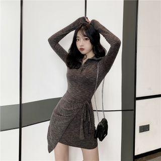 Long-sleeve Tie-waist Mini Sheath Polo Dress