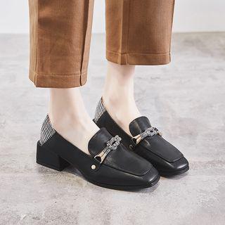 Faux Leather Square Toe Block Heel Loafers