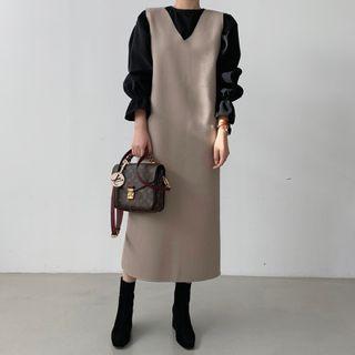Puff-sleeve Blouse / Sleeveless Midi Shift Dress