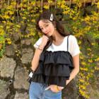 Set: Spaghetti-strap Frill-layered Top + T-shirt