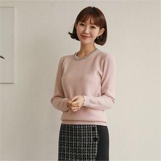 Embellished-neckline Knit Top