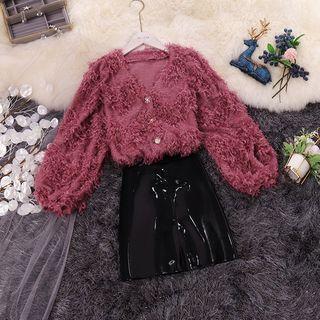 Set: Fringed Cardigan + Patent A-line Mini Skirt