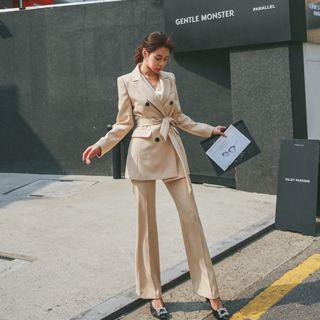 Set: Double-breasted Jacket With Sash + Boot-cut Dress Pants