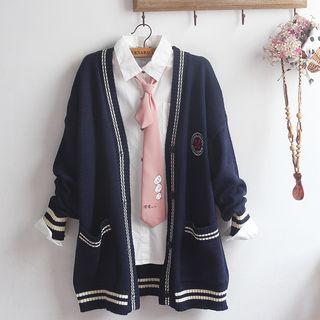 Contrast Trim Long Cardigan / Neck Tie Shirt / Set