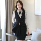 Set: Plain Blazer + V-neck Sleeveless Peplum Dress + Striped Long-sleeve Shirt