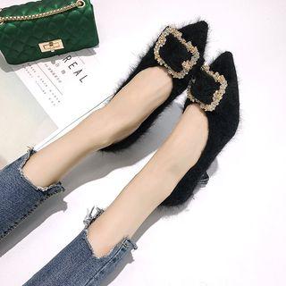 Pointed Furry Buckled Kitten Heel Pumps