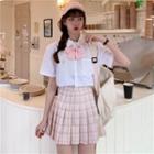 Pocket Detail Short-sleeve Shirt / Plaid Mini Pleated Skirt / Bow Tie