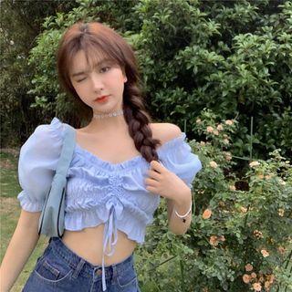 Short-sleeve Drawstring Shirred Cropped Top Blue - One Size