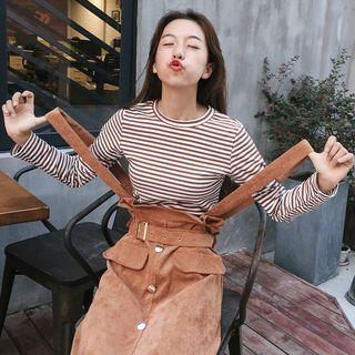 Striped Long-sleeve T-shirt / A-line Corduroy Jumper Skirt