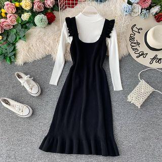 Set: Long-sleeve Mock-neck Knit Top + Spaghetti Strap Ruffled Mermaid Dress