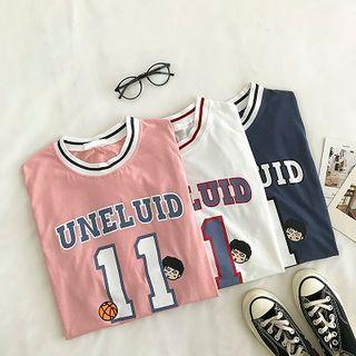 Mock Two-piece Crewneck Lettering Printed Short-sleeve T-shirt