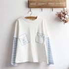Embroidered Striped Panel Long Sleeve T-shirt