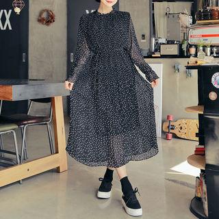 Dotted Pleated Long Dress With Sash