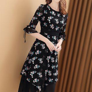 Lace Elbow-sleeve Midi A-line Dress