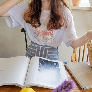 Round-neck Printed T-shirt Navy Blue - One Size