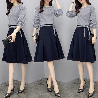 Set: 3/4-sleeve Plaid Top + A-line Midi Skirt