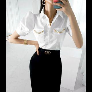 Puff-sleeve Faux-pearl Trim Blouse