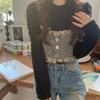 Long-sleeve Round Neck T-shirt / Fringed Trim Vest