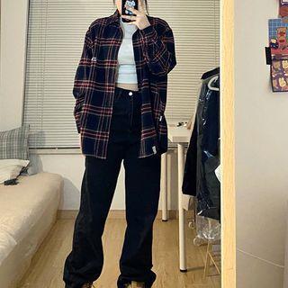 Long-sleeve Plaid Shirt / High-waist Straight Leg Jeans