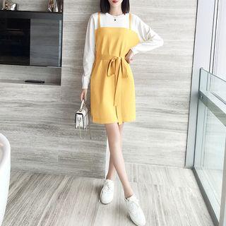 Knit Mock Two Piece Long-sleeve Tie-waist Dress