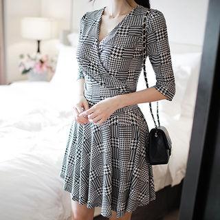 3/4-sleeve Shirred Glen-plaid Check Dress