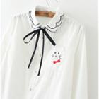 Contrast Trim Cat Embroidered Shirt