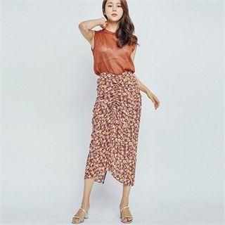 Drawstring-front Floral Print Skirt