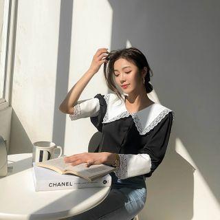 Lace-trim Two-tone Crepe Blouse Black - One Size