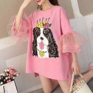 Mesh Panel Short-sleeve Dog Print T-shirt