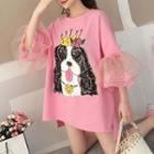 Mesh Panel Short-sleeve Dog Print T-shirt