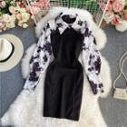 Painting Inset Long-sleeve Slim-fit Dress Black - One Size