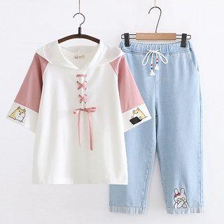 Short-sleeve Cartoon Print Hoodie / Animal Embroidered Harem Jeans / Set