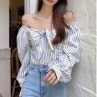 Long-sleeve Off-shoulder Striped Tie-front Blouse Black & White - One Size