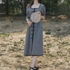 Gingham Short-sleeve Square-neck Midi A-line Dress